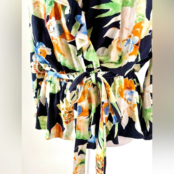 LAUREN RALPH LAUREN | Tropical Floral Ruffle Waist Tie Top Blouse Medium - Picture 4 of 9